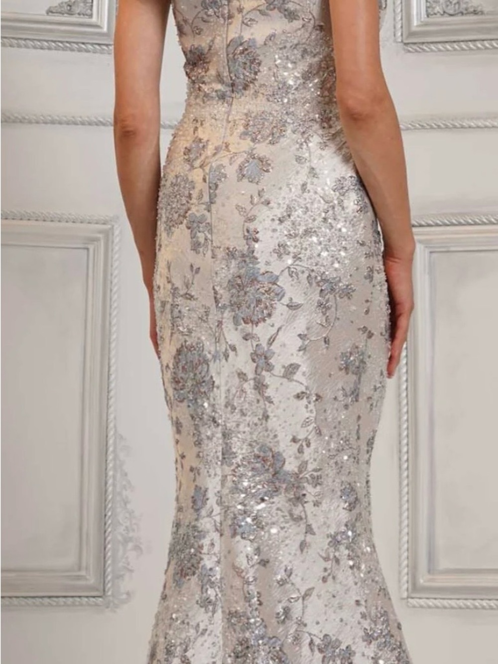 Rina diMontella Silver and Cream Sequin Floral Backless Gown
